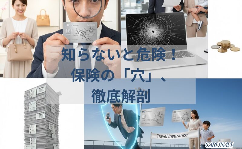 UCプラチナカードの保険の「穴」や詳細を虫眼鏡で徹底的に分析する男性のイメージ