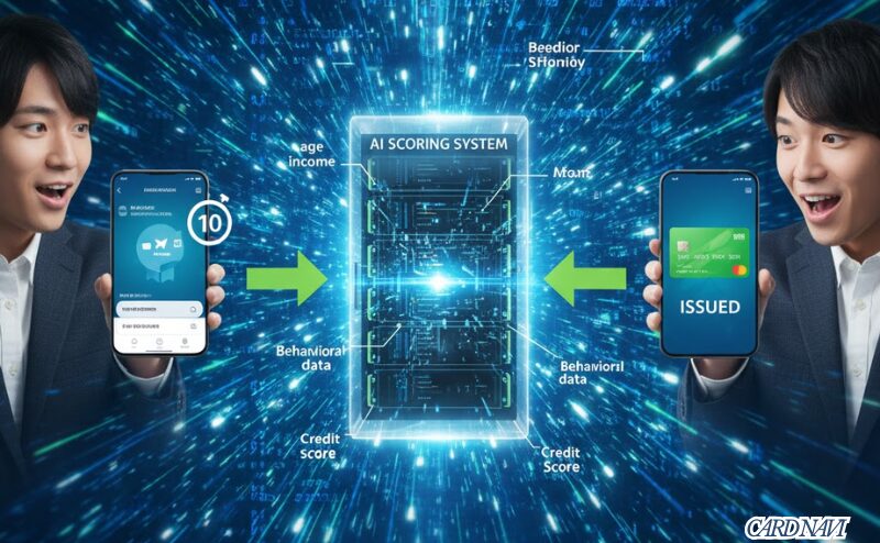 三井住友カード（NL）の最短10秒審査の仕組みを示すインフォグラフィック。AIによる自動スコアリングで即座にデジタルカードが発行される流れを表現。