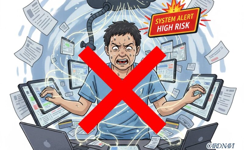 短期間の多重申し込み（申込ブラック）を警告するイラスト。複数のカードに同時に申し込む様子と、それが信用情報機関に登録され、システムアラートの原因となることを示す。