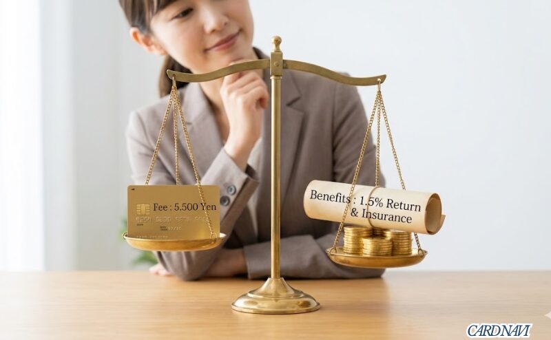 三井住友カード ゴールド（NL）の年会費とメリットを比較する天秤のイラスト