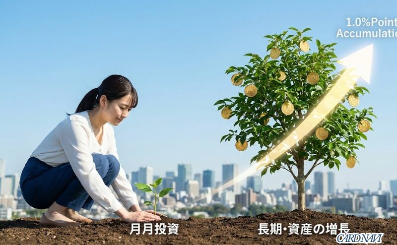 クレカ積立による資産形成とポイント還元の長期的な成長イメージ