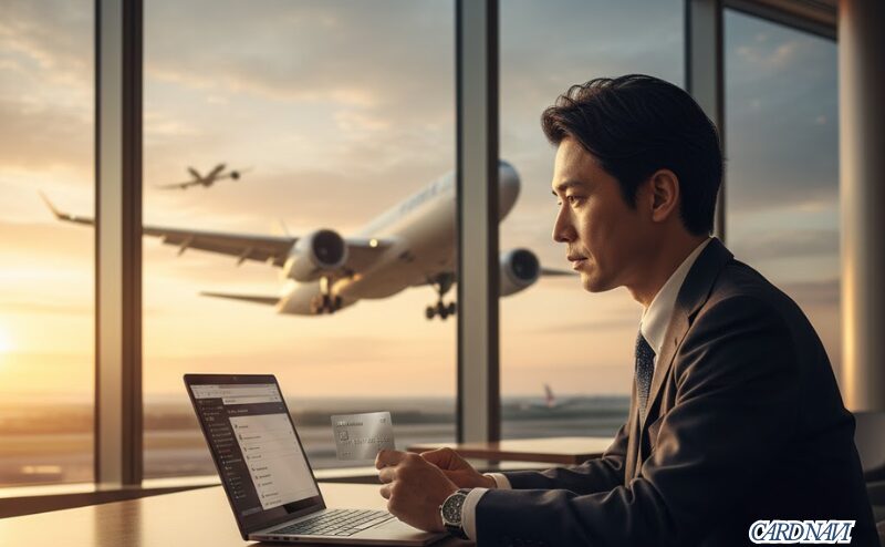 UCプラチナカードを使い空港ラウンジで航空券を予約する男性