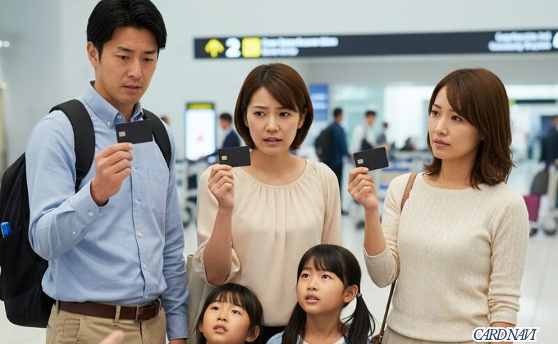空港ラウンジで子供の同伴者料金の支払いに直面し困惑する家族連れ