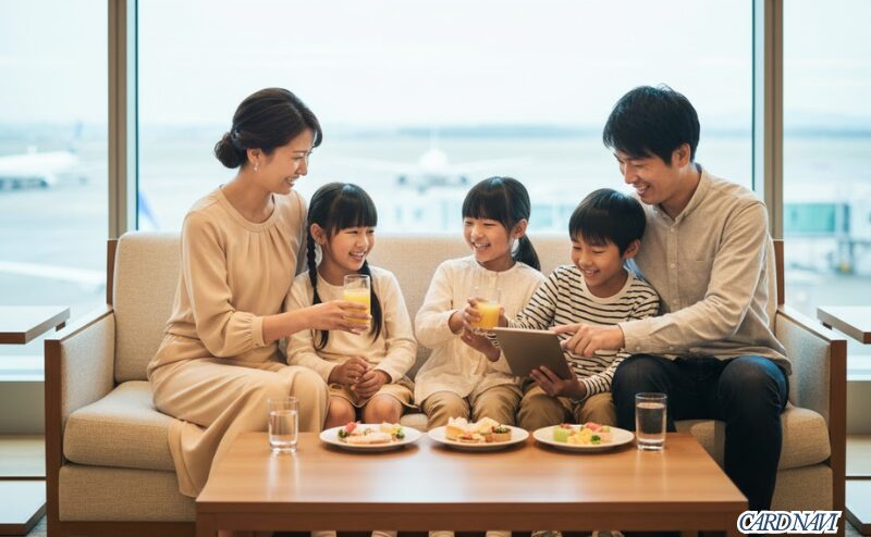 三菱UFJプラチナの特典で、家族4人全員が無料で空港ラウンジを楽しむ様子