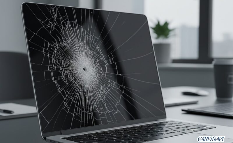 画面がひび割れた高価なノートパソコン。ショッピング保険の対象範囲が問題となる。