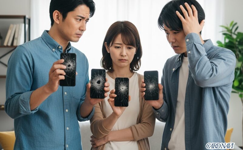 家族3人が全員壊れたスマホを持ち、UCプラチナカードの通信端末保険の「家族合算の罠」を象徴する