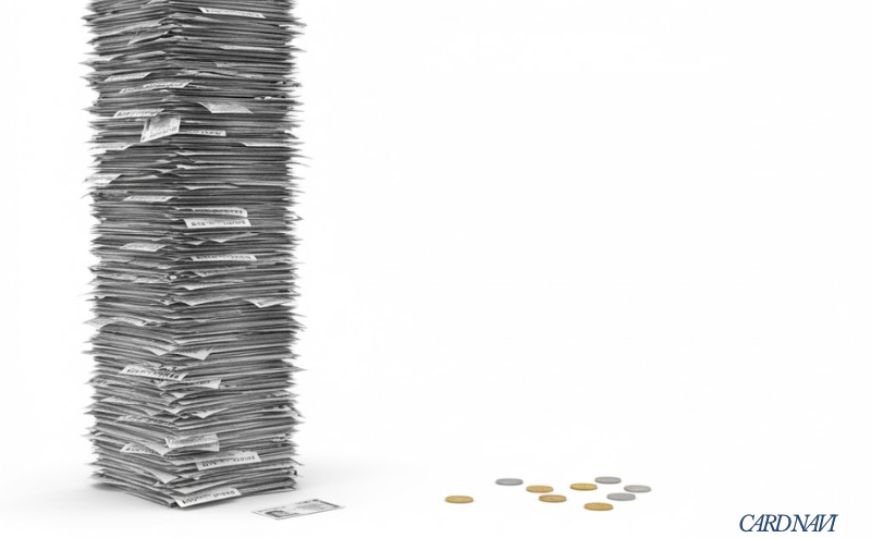 山積みの医療費請求書と、UCプラチナの不十分な保険補償額(200万円)を象徴する少額のコイン