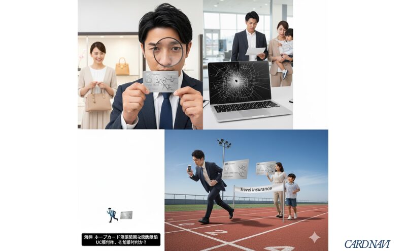 旅行保険の比較レースで、競合カード(セゾン・JCB)に大きく遅れをとるUCプラチナカードを象徴する画像