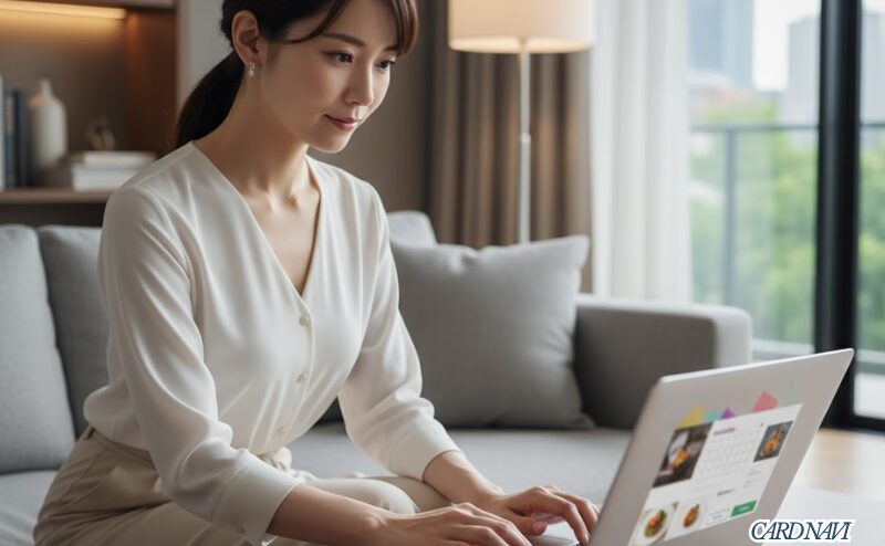 グルメクーポンの専用Webサイトでレストランを予約する女性