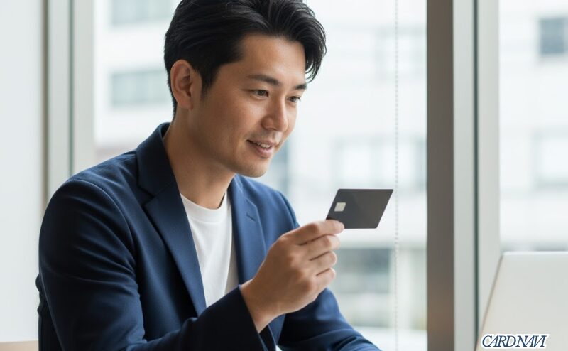 UCプラチナカードを手に持ち、ノートパソコンで比較検討する男性