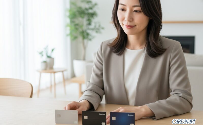 3枚のプラチナカードを前に比較し、選択を検討する女性