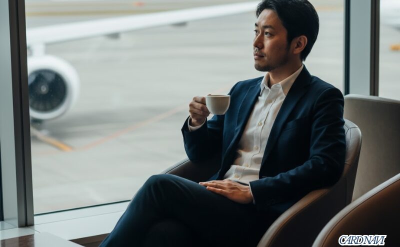 空港ラウンジで一人リラックスする男性（プライオリティパスのイメージ）