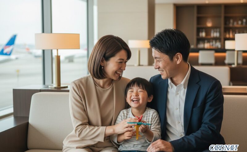 家族カードを使い、幼児連れで空港ラウンジでくつろぐ日本人家族