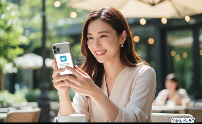 スマートフォンを使いLINEでコンシェルジュサービスを利用する笑顔の女性