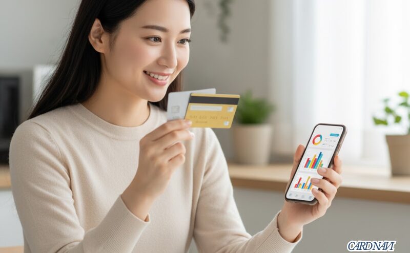 2枚のカードと家計簿アプリで賢く資産管理をする女性