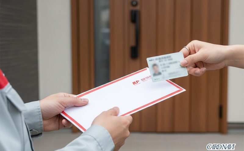 本人限定受取郵便でカードを受け取るため、身分証明書を提示する女性