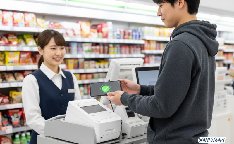 コンビニのレジでスマホをかざしてタッチ決済をする若い日本人男性