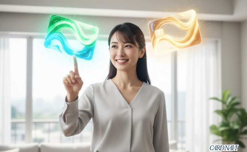 2つのカードの選択肢を比較し、自分に最適なプランを見つけて納得の表情を浮かべる女性