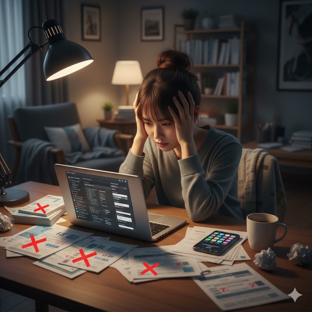 カード番号変更に伴う公共料金やサブスクリプションの再登録作業の多さに絶望し、頭を抱える女性